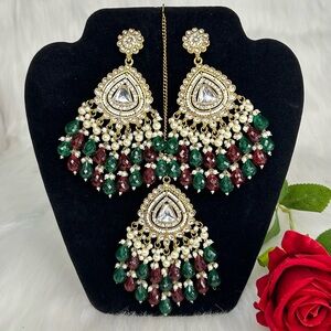 Gold  With Wine And Green Pearls Long Kundan Earrings And Tikka Set